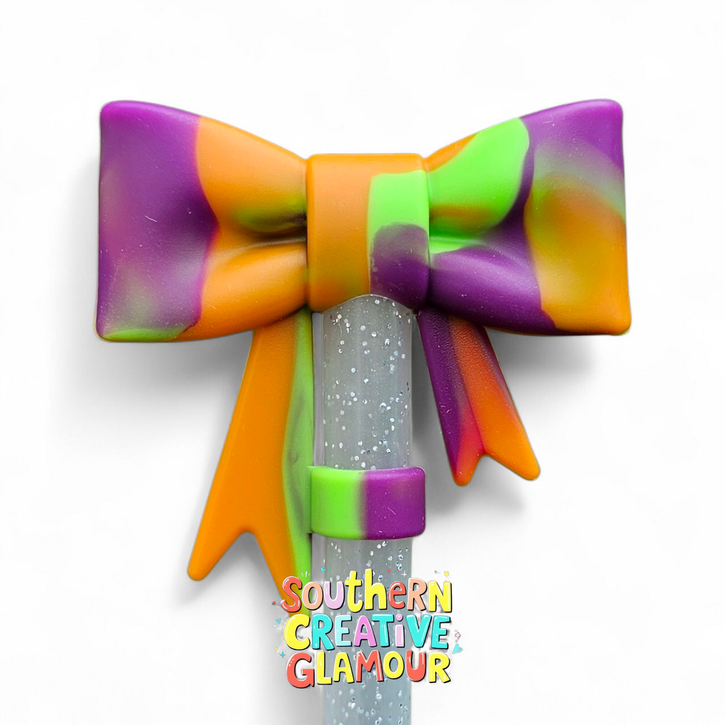 Green, purple, orange Halloween Remix 3D bow straw topper by Southern Creative Glamour.