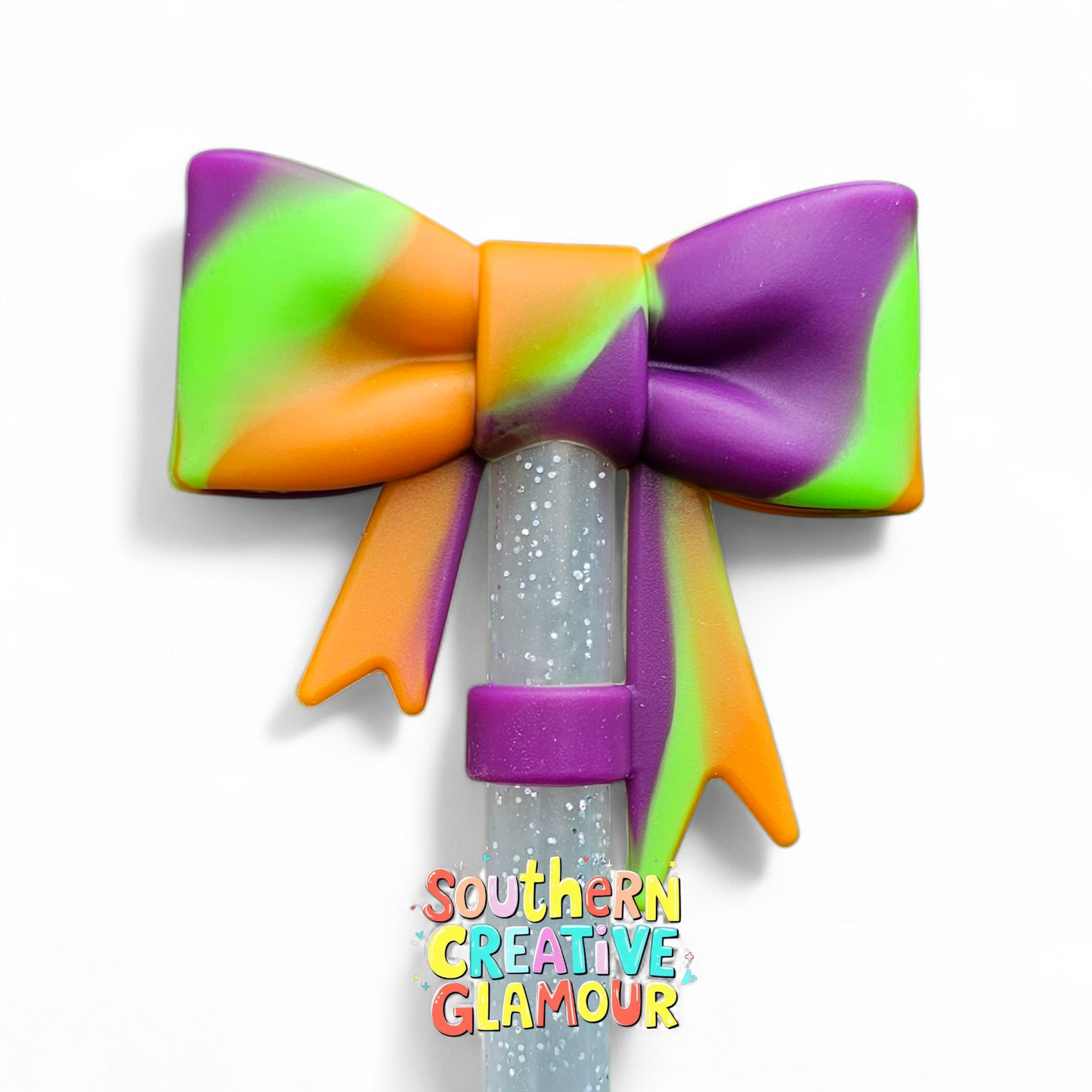 Green, purple, orange Halloween Remix 3D bow straw topper by Southern Creative Glamour.