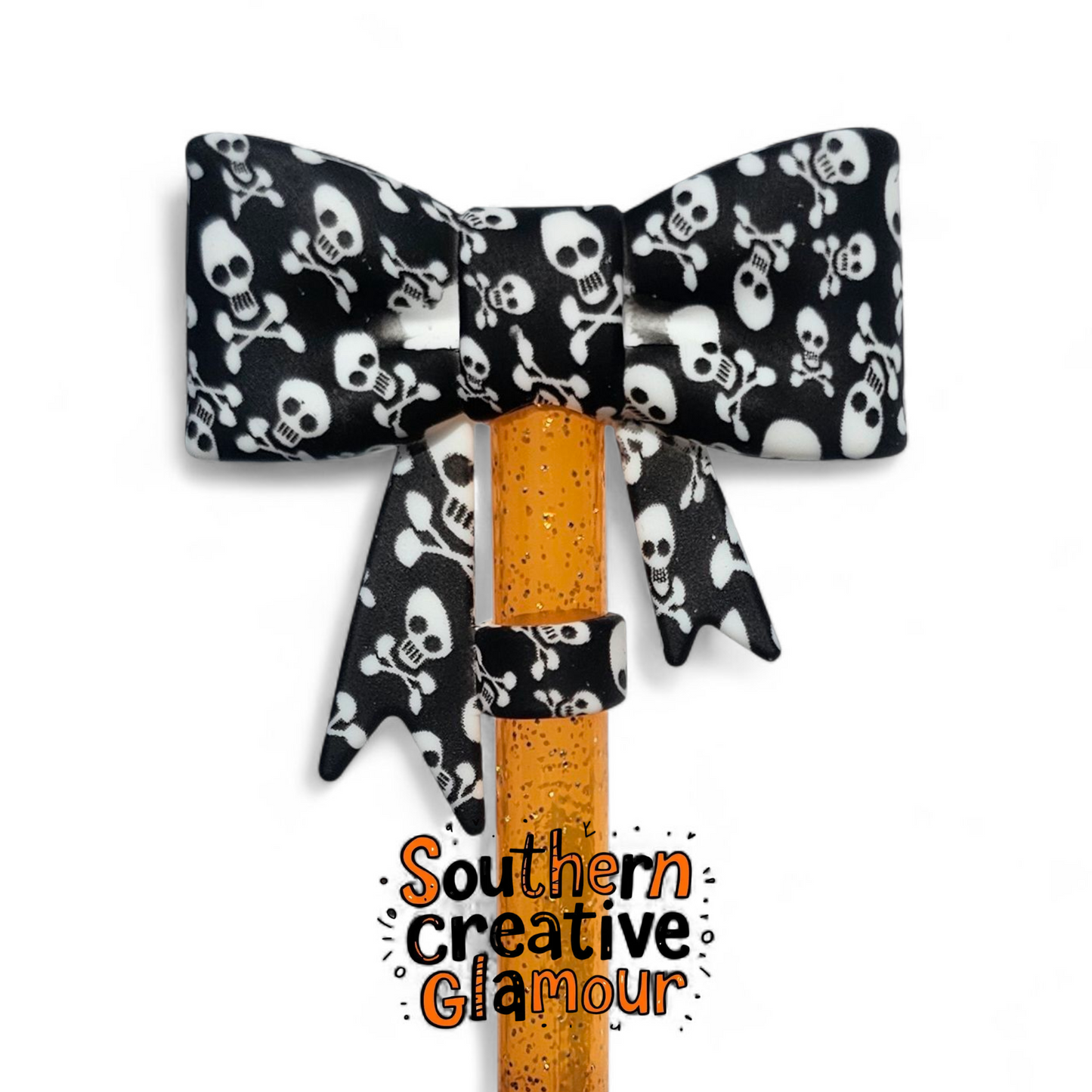 Halloween Skull & Crossbones 3D Bow Silicone 10mm Straw Topper by Southern Creative Glamour 