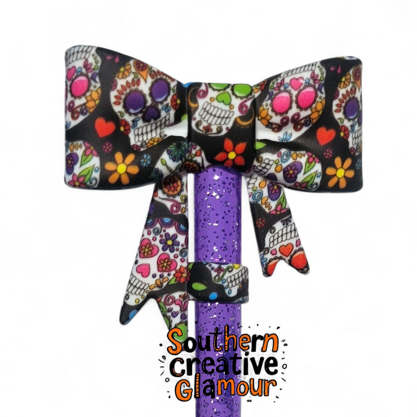 Halloween Sugar Skull 3D Bow Silicone 10mm Straw Topper by Southern Creative Glamour 