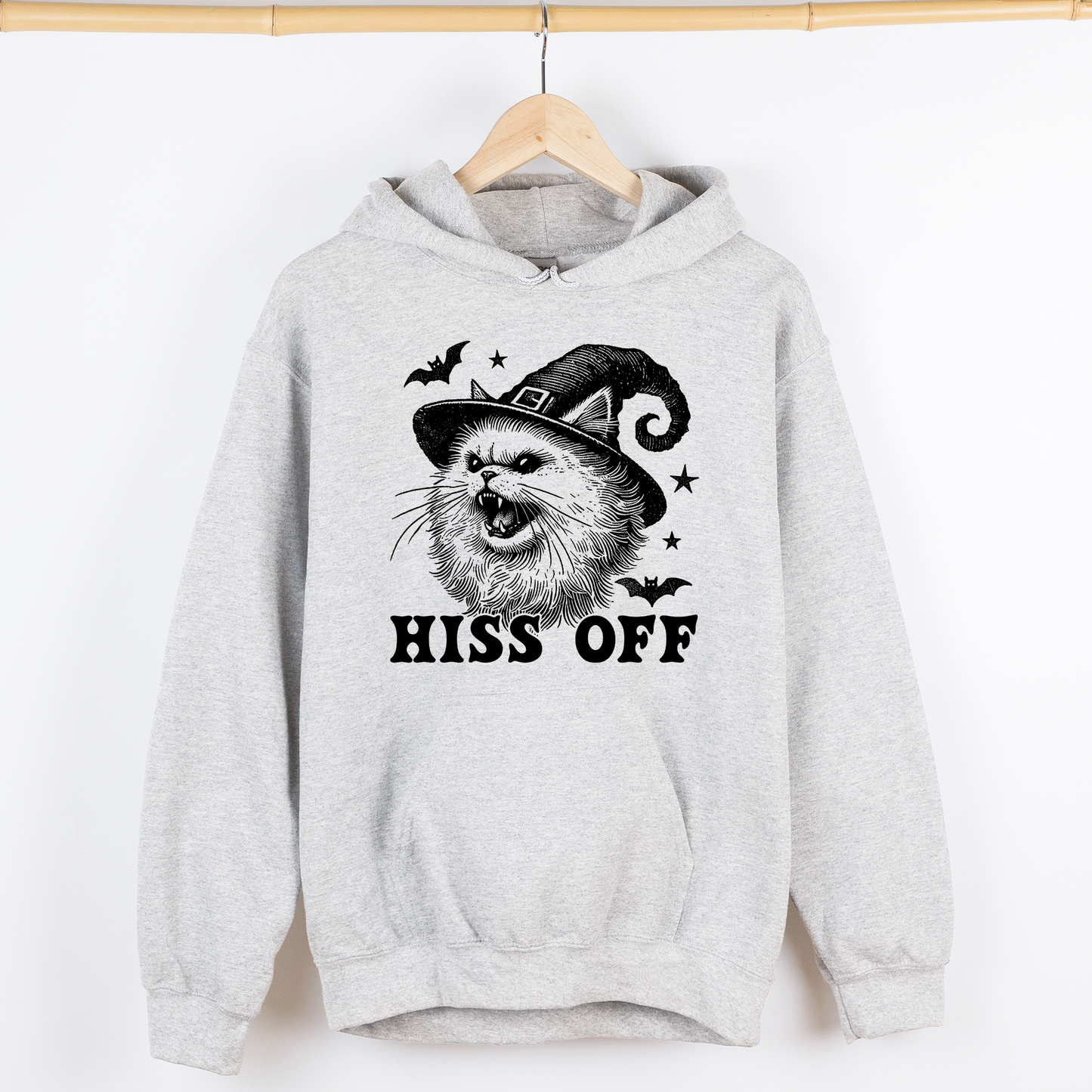 Gray Hiss Off, Cat, Halloween Witch, Funny, Trendy, Graphic Hoodie, Hooded Sweatshirt