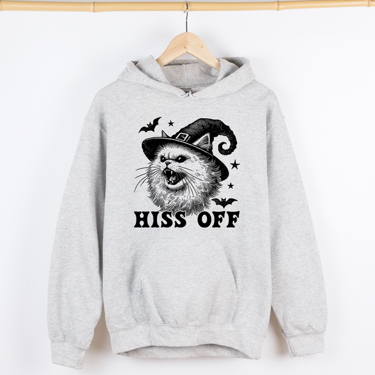 Gray Hiss Off, Cat, Halloween Witch, Funny, Trendy, Graphic Hoodie, Hooded Sweatshirt