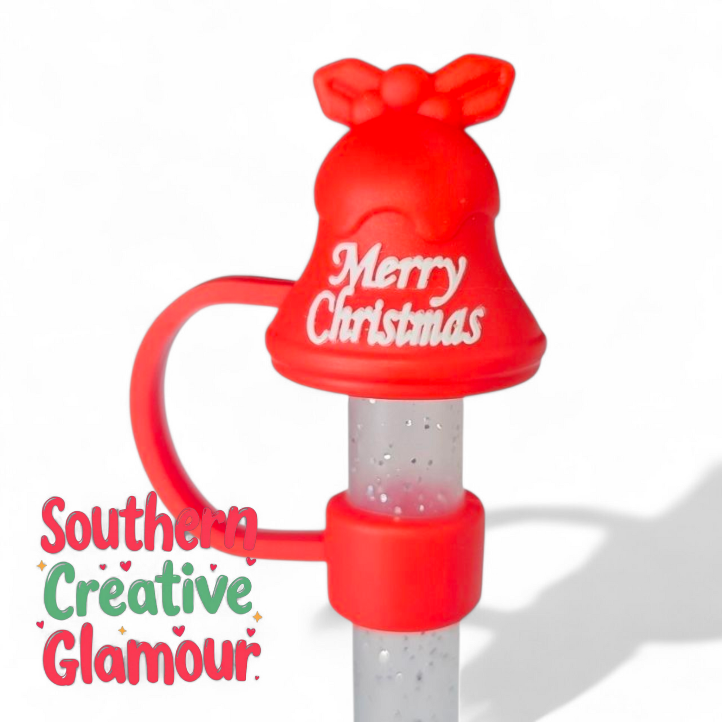 Holiday Red Merry Christmas Jingle Bell 3D Silicone 10mm Straw Topper by Southern Creative Glamour 