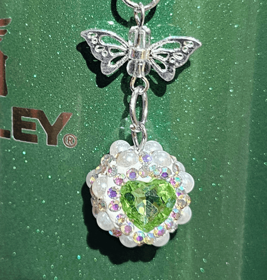 Iridescent Pearlescent Spring Freen Heart Jewel trimmed with White Rhinestone Glitter Charm Pendant