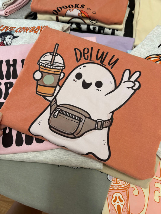 Orange and white Delulu Ghost Tee & Sweatshirt