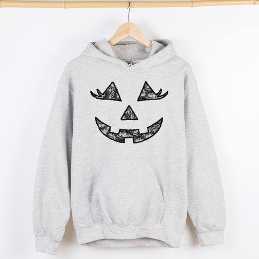 Gray Jack-o-Lantern, Coquette, Faux Lace, Halloween, Graphic Hoodie, Hooded Sweatshirt