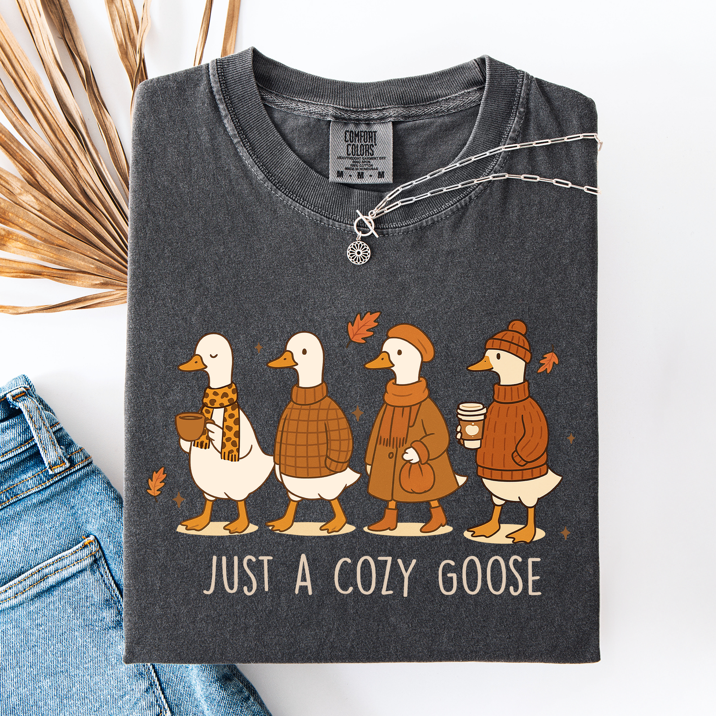 Charcoal Gray Just A Cozy Goose, Cute, Autumn, Fall, Pumpkin Spice, Comfort Colors T-Shirt