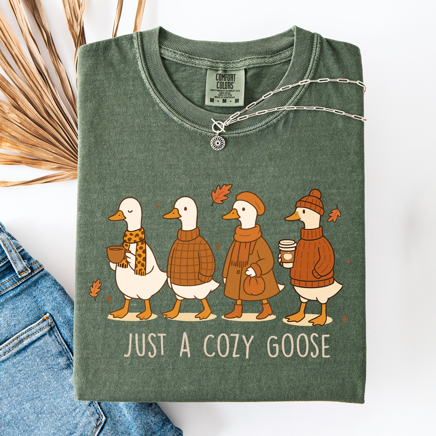 Moss green Just A Cozy Goose, Cute, Autumn, Fall, Pumpkin Spice, Comfort Colors T-Shirt