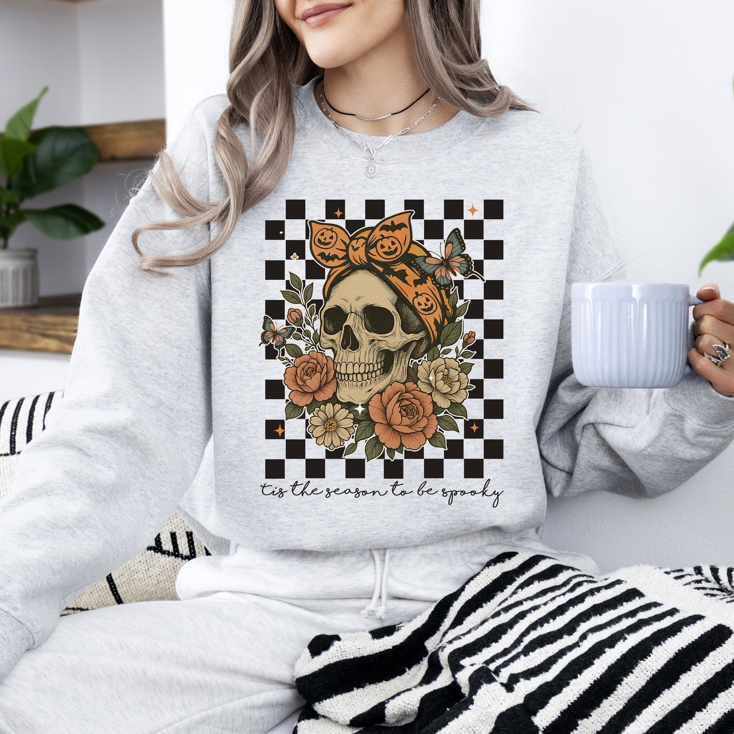 Ash Tis The Season, Skull, Halloween, Ghost, Checkered, Retro, Vintage, Spooky, Costume, Fall, Graphic Sweatshirt