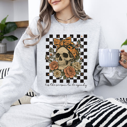 Ash Tis The Season, Skull, Halloween, Ghost, Checkered, Retro, Vintage, Spooky, Costume, Fall, Graphic Sweatshirt