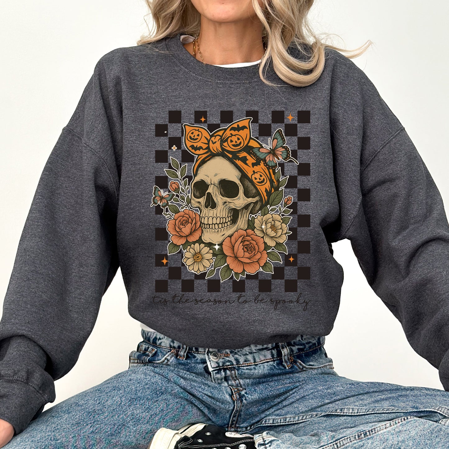 Dark Heather gray Tis The Season, Skull, Halloween, Ghost, Checkered, Retro, Vintage, Spooky, Costume, Fall, Graphic Sweatshirt