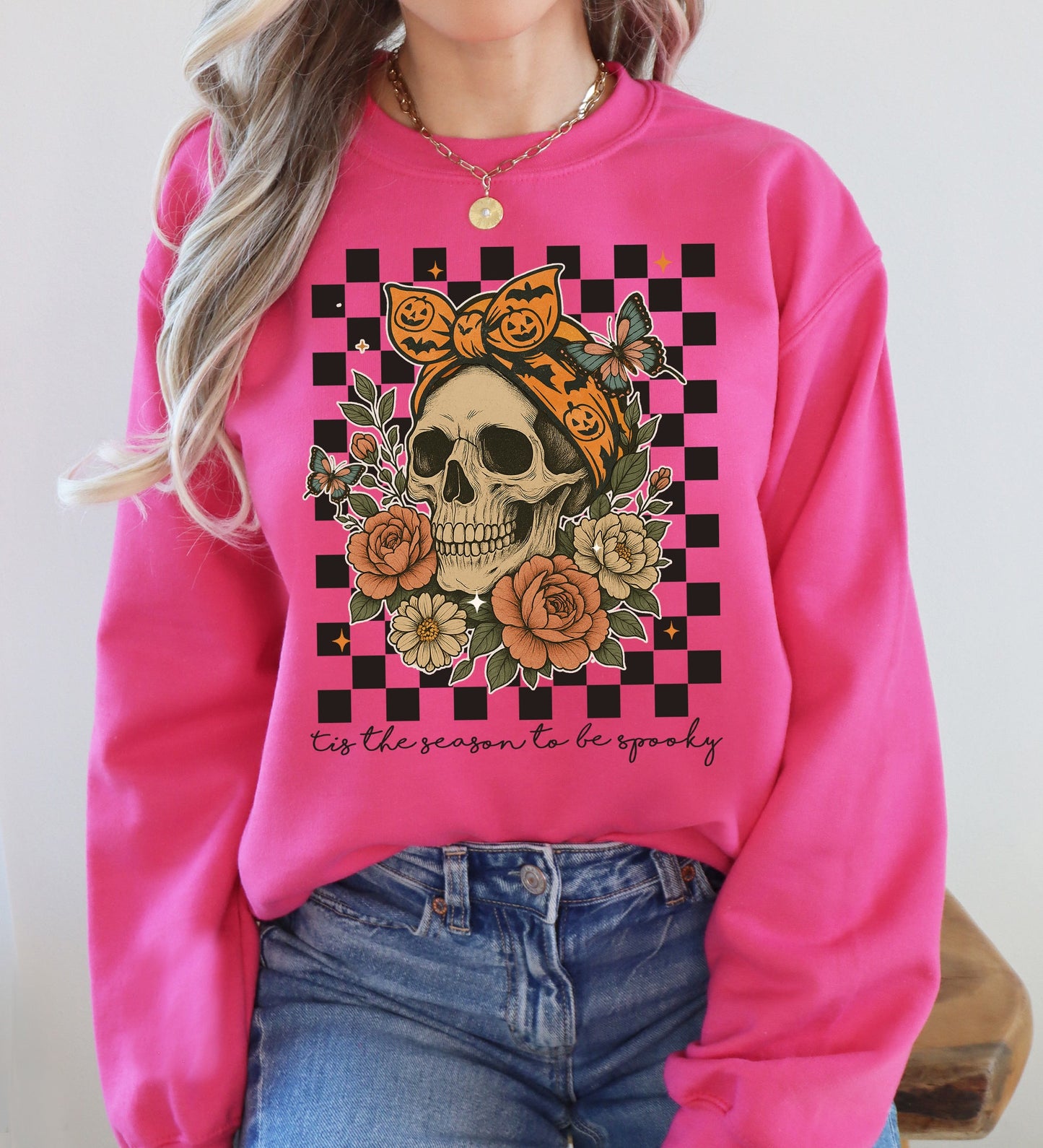 Pink Tis The Season, Skull, Halloween, Ghost, Checkered, Retro, Vintage, Spooky, Costume, Fall, Graphic Sweatshirt