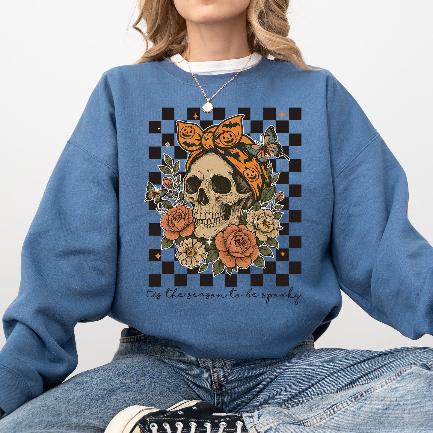 Indigo blue Tis The Season, Skull, Halloween, Ghost, Checkered, Retro, Vintage, Spooky, Costume, Fall, Graphic Sweatshirt