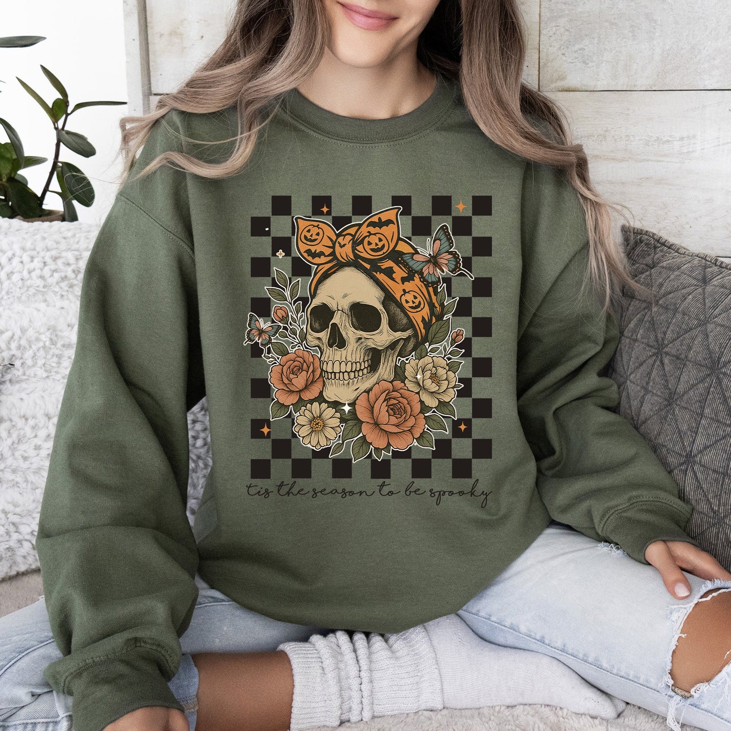 Military green Tis The Season, Skull, Halloween, Ghost, Checkered, Retro, Vintage, Spooky, Costume, Fall, Graphic Sweatshirt