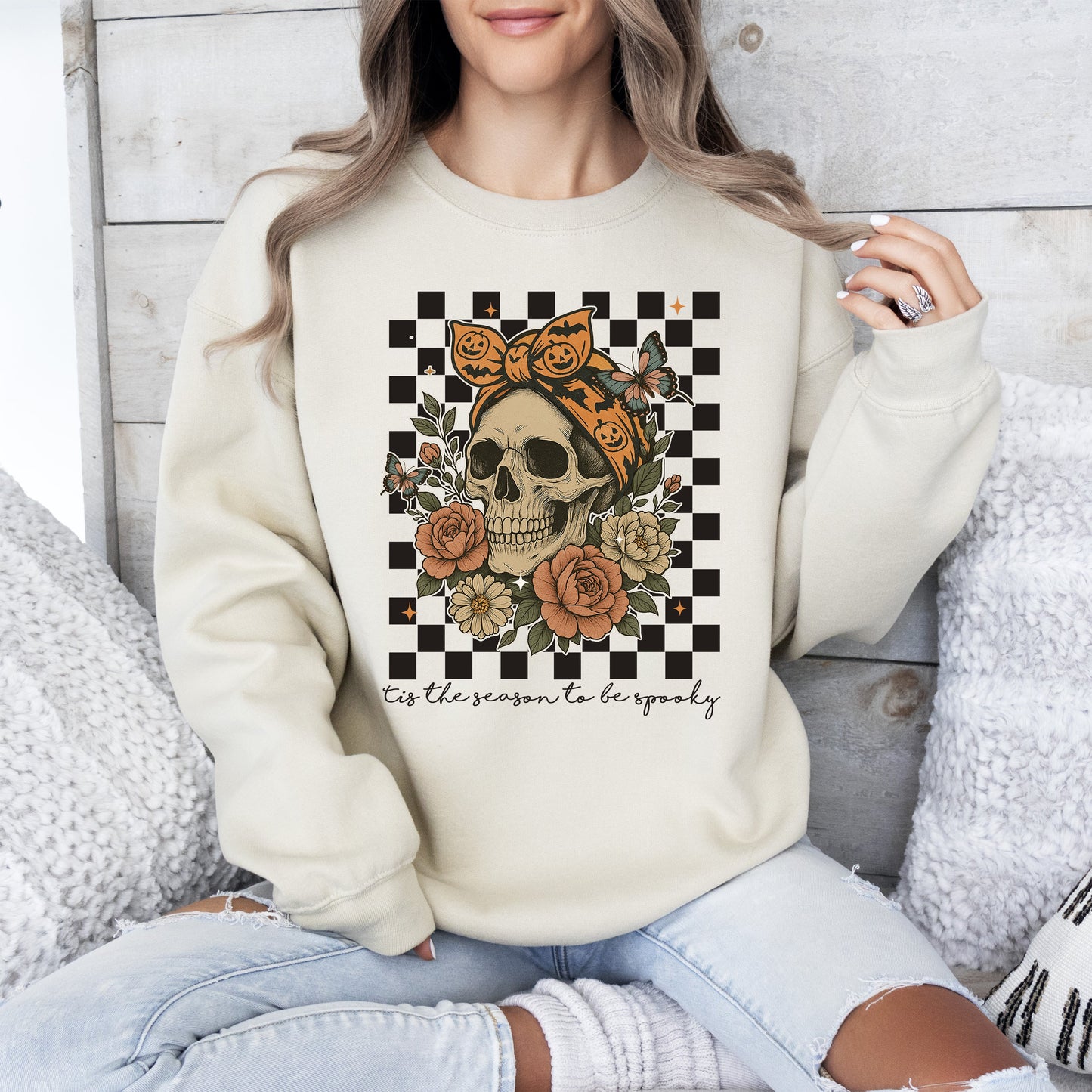 Sand Tis The Season, Skull, Halloween, Ghost, Checkered, Retro, Vintage, Spooky, Costume, Fall, Graphic Sweatshirt