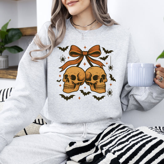 Ash Gray Skull Bow, Coquette, Bats, Ghost, Western, Halloween, Retro, Vintage, Spooky, Costume, Fall, Graphic Sweatshirt