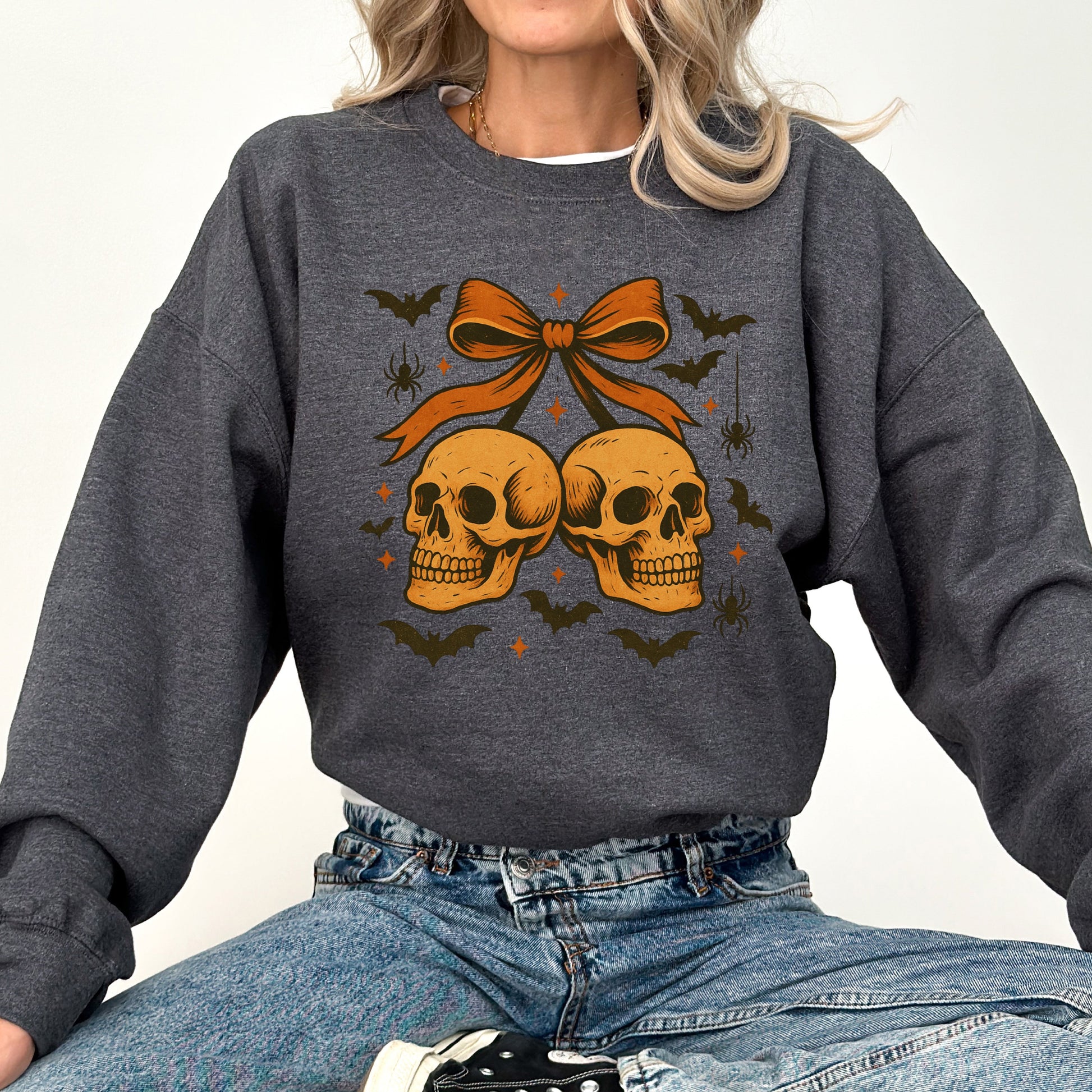 Dark Heather gray Skull Bow, Coquette, Bats, Ghost, Western, Halloween, Retro, Vintage, Spooky, Costume, Fall, Graphic Sweatshirt