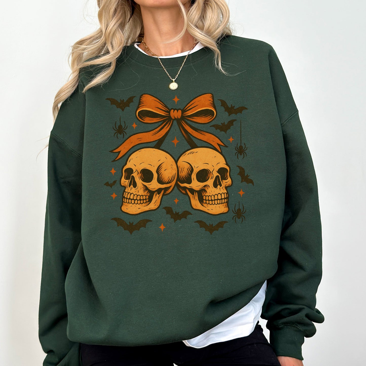Dark forest green Skull Bow, Coquette, Bats, Ghost, Western, Halloween, Retro, Vintage, Spooky, Costume, Fall, Graphic Sweatshirt
