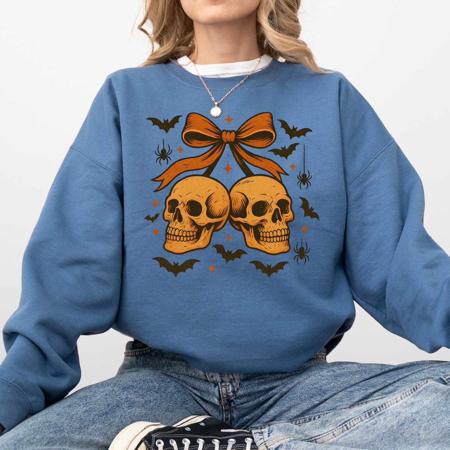 Indigo blue Skull Bow, Coquette, Bats, Ghost, Western, Halloween, Retro, Vintage, Spooky, Costume, Fall, Graphic Sweatshirt