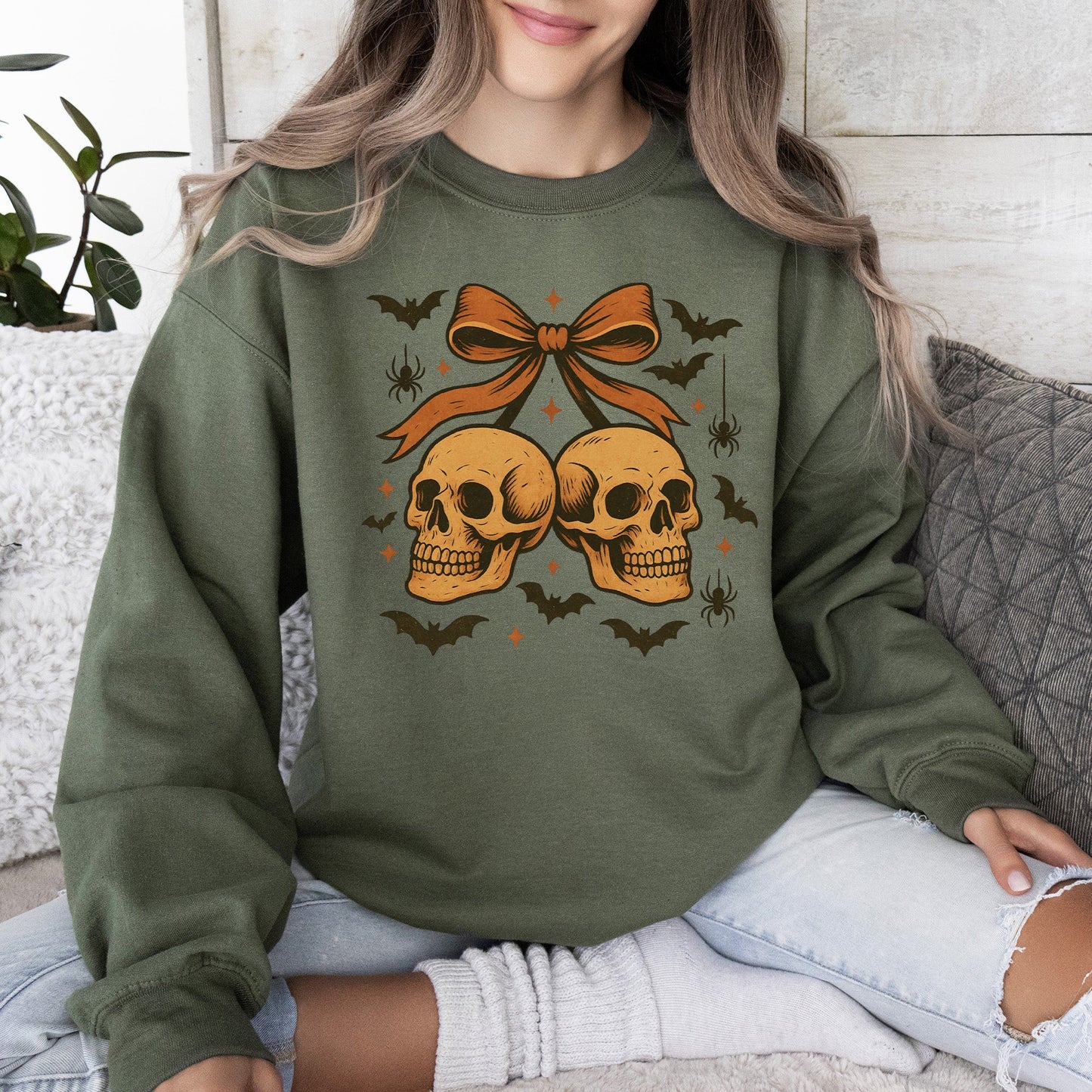 Military green Skull Bow, Coquette, Bats, Ghost, Western, Halloween, Retro, Vintage, Spooky, Costume, Fall, Graphic Sweatshirt