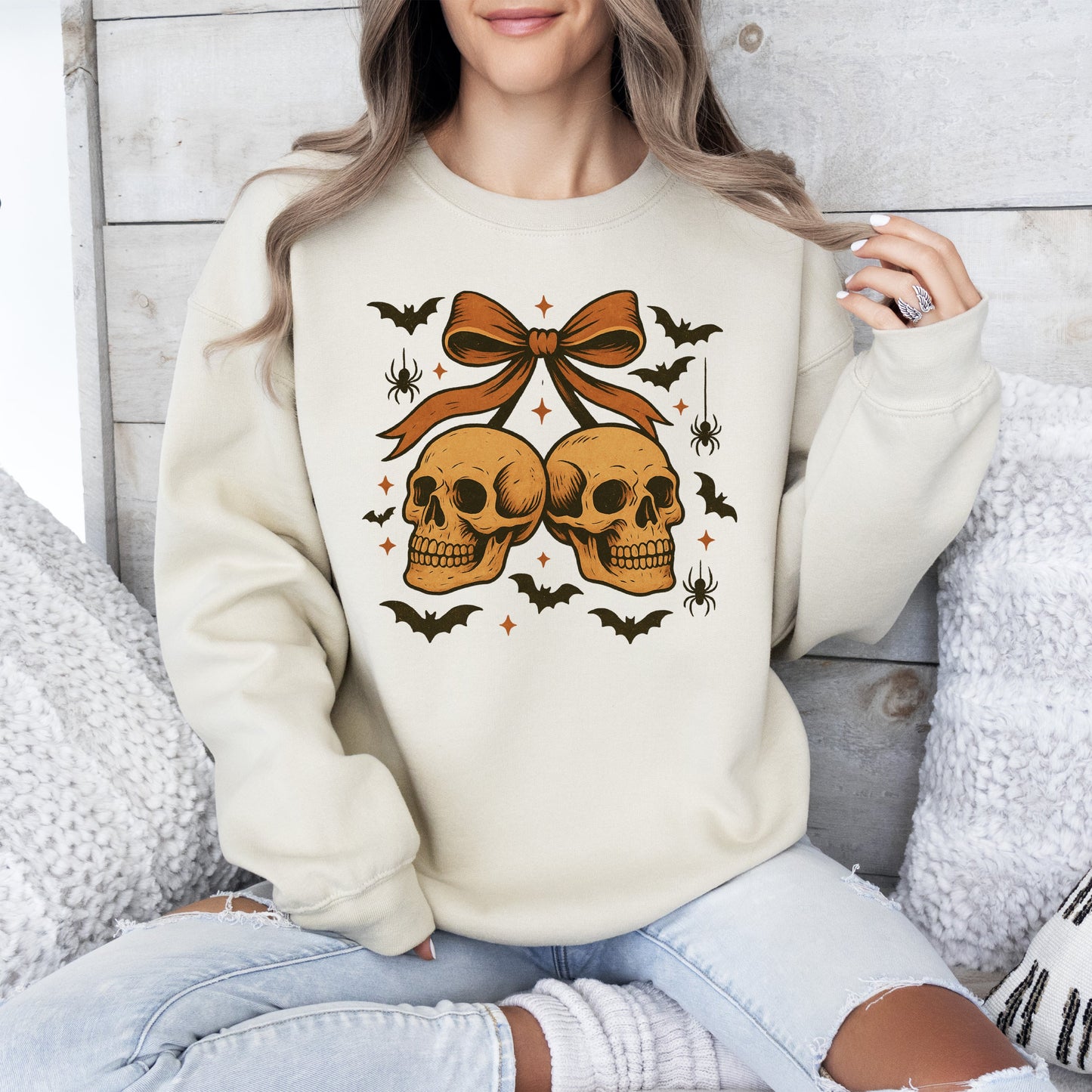 Sand Skull Bow, Coquette, Bats, Ghost, Western, Halloween, Retro, Vintage, Spooky, Costume, Fall, Graphic Sweatshirt