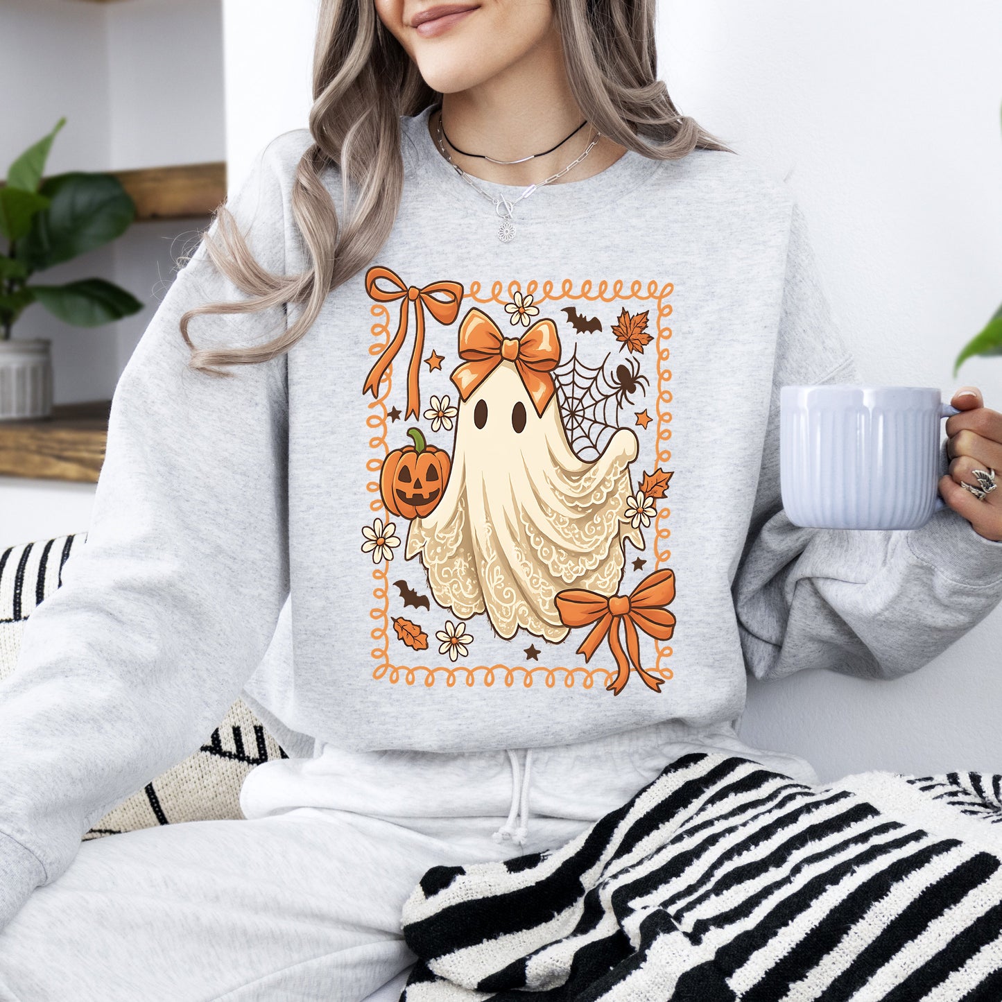 Ash gray Cute Ghost, Bow, Coquette, Lace, Pumpkin, Halloween, Retro, Vintage, Spooky, Costume, Fall, Graphic Sweatshirt