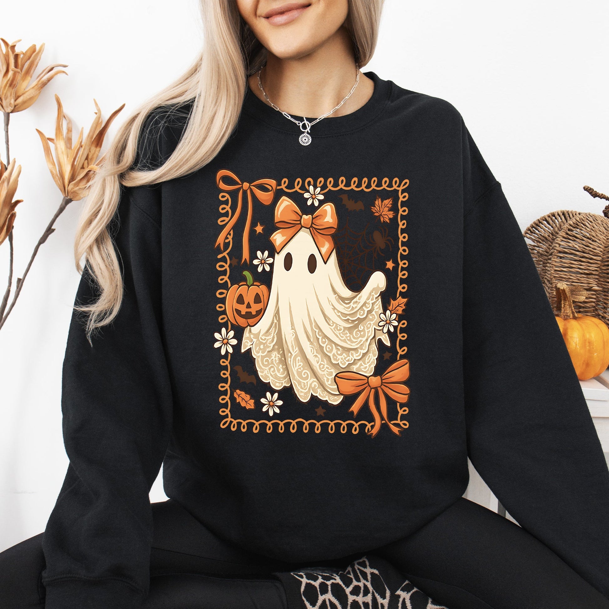 Black Cute Ghost, Bow, Coquette, Lace, Pumpkin, Halloween, Retro, Vintage, Spooky, Costume, Fall, Graphic Sweatshirt