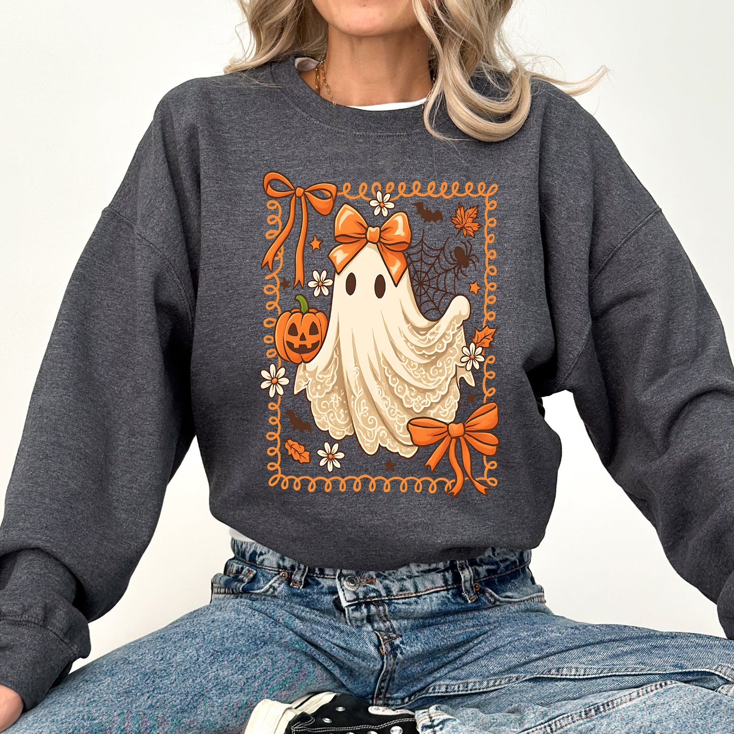 Dark Heather gray Cute Ghost, Bow, Coquette, Lace, Pumpkin, Halloween, Retro, Vintage, Spooky, Costume, Fall, Graphic Sweatshirt