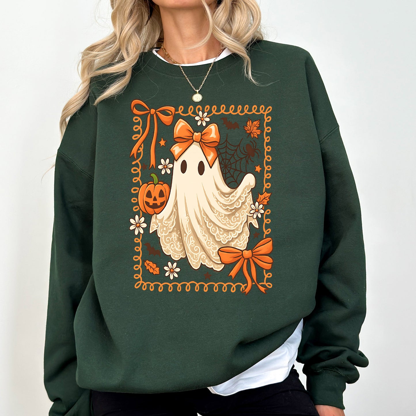 Dark green Cute Ghost, Bow, Coquette, Lace, Pumpkin, Halloween, Retro, Vintage, Spooky, Costume, Fall, Graphic Sweatshirt