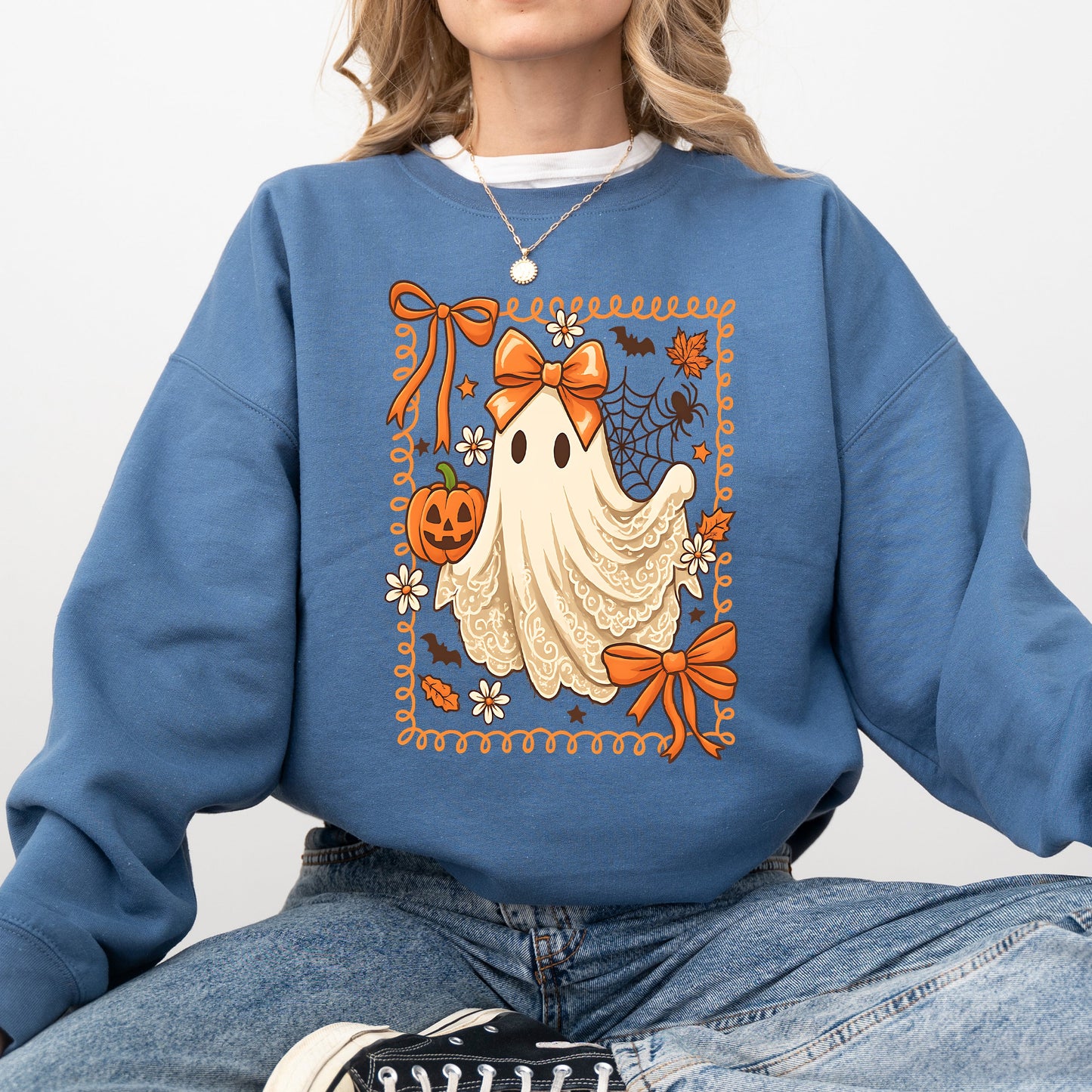 Indigo blue Cute Ghost, Bow, Coquette, Lace, Pumpkin, Halloween, Retro, Vintage, Spooky, Costume, Fall, Graphic Sweatshirt