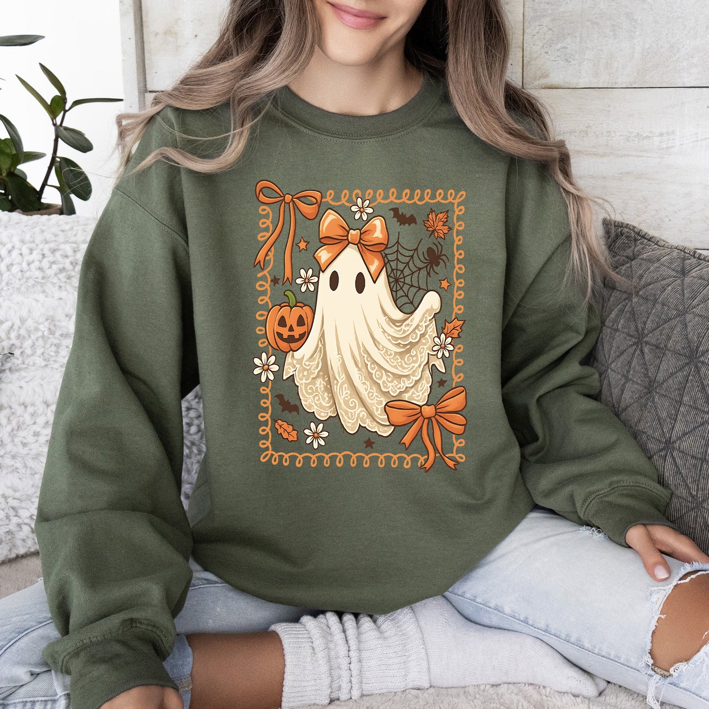 Military green Cute Ghost, Bow, Coquette, Lace, Pumpkin, Halloween, Retro, Vintage, Spooky, Costume, Fall, Graphic Sweatshirt