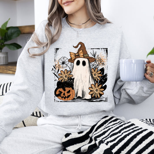 Ash gray Vintage Ghost, Witch, Bow, Coquette, Pumpkin, Halloween, Floral, Retro, Spooky, Costume, Fall, Graphic Sweatshirt