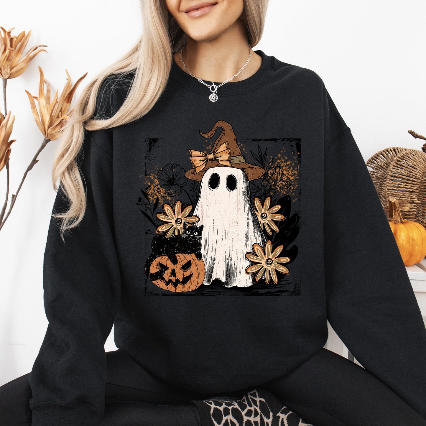 Vintage Ghost, Witch, Bow, Coquette, Pumpkin, Halloween, Floral, Retro, Spooky, Costume, Fall, Graphic Sweatshirt