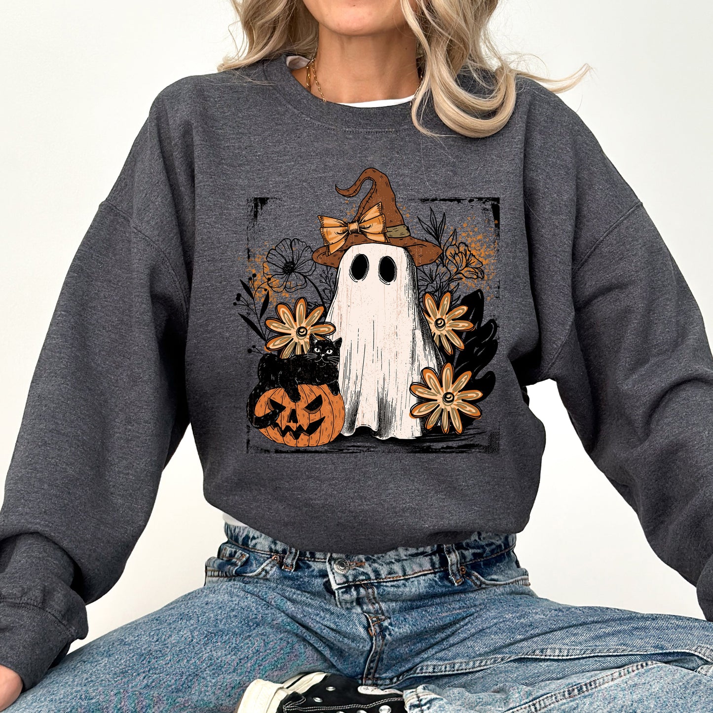 Dark Heather gray Vintage Ghost, Witch, Bow, Coquette, Pumpkin, Halloween, Floral, Retro, Spooky, Costume, Fall, Graphic Sweatshirt