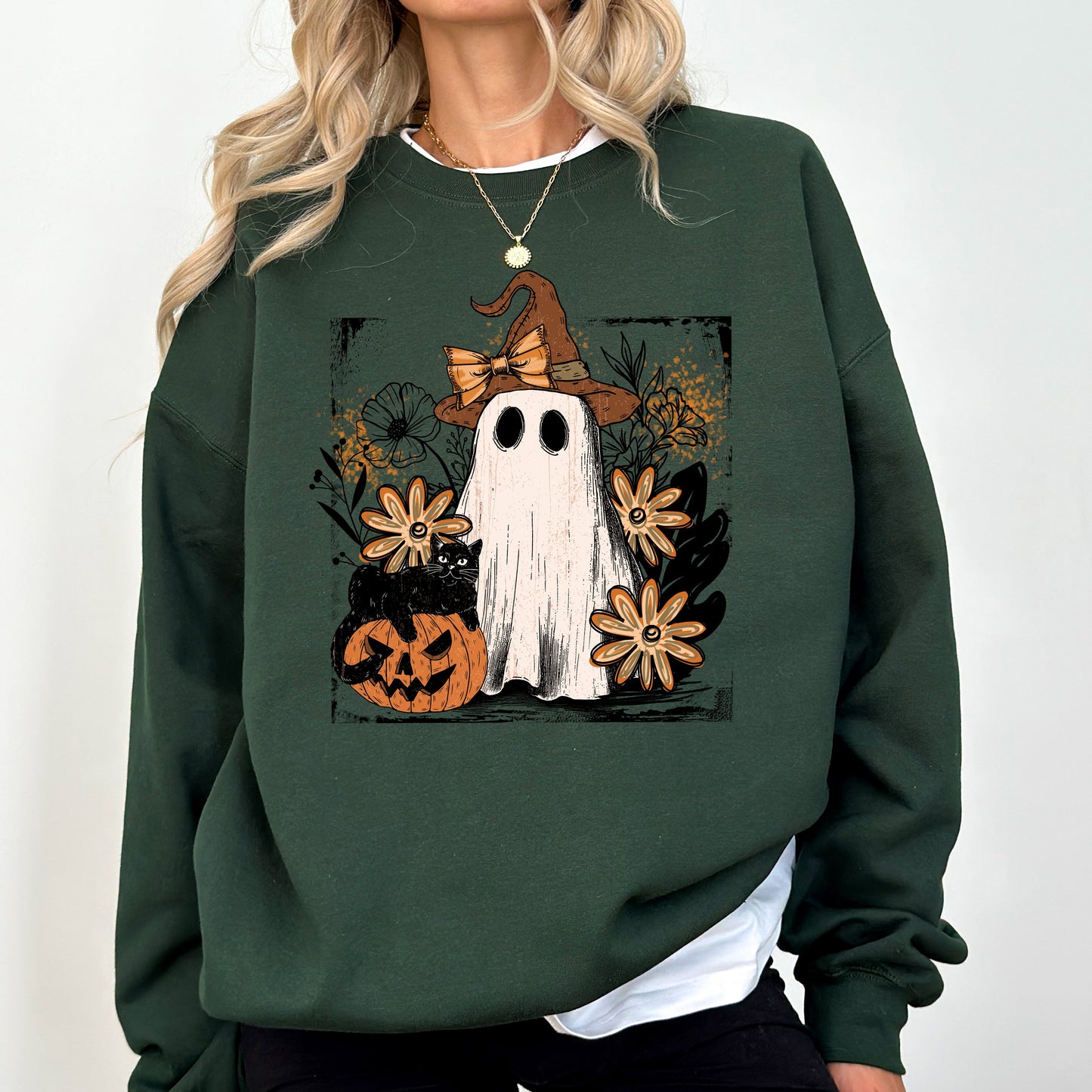 Dark forest green Vintage Ghost, Witch, Bow, Coquette, Pumpkin, Halloween, Floral, Retro, Spooky, Costume, Fall, Graphic Sweatshirt