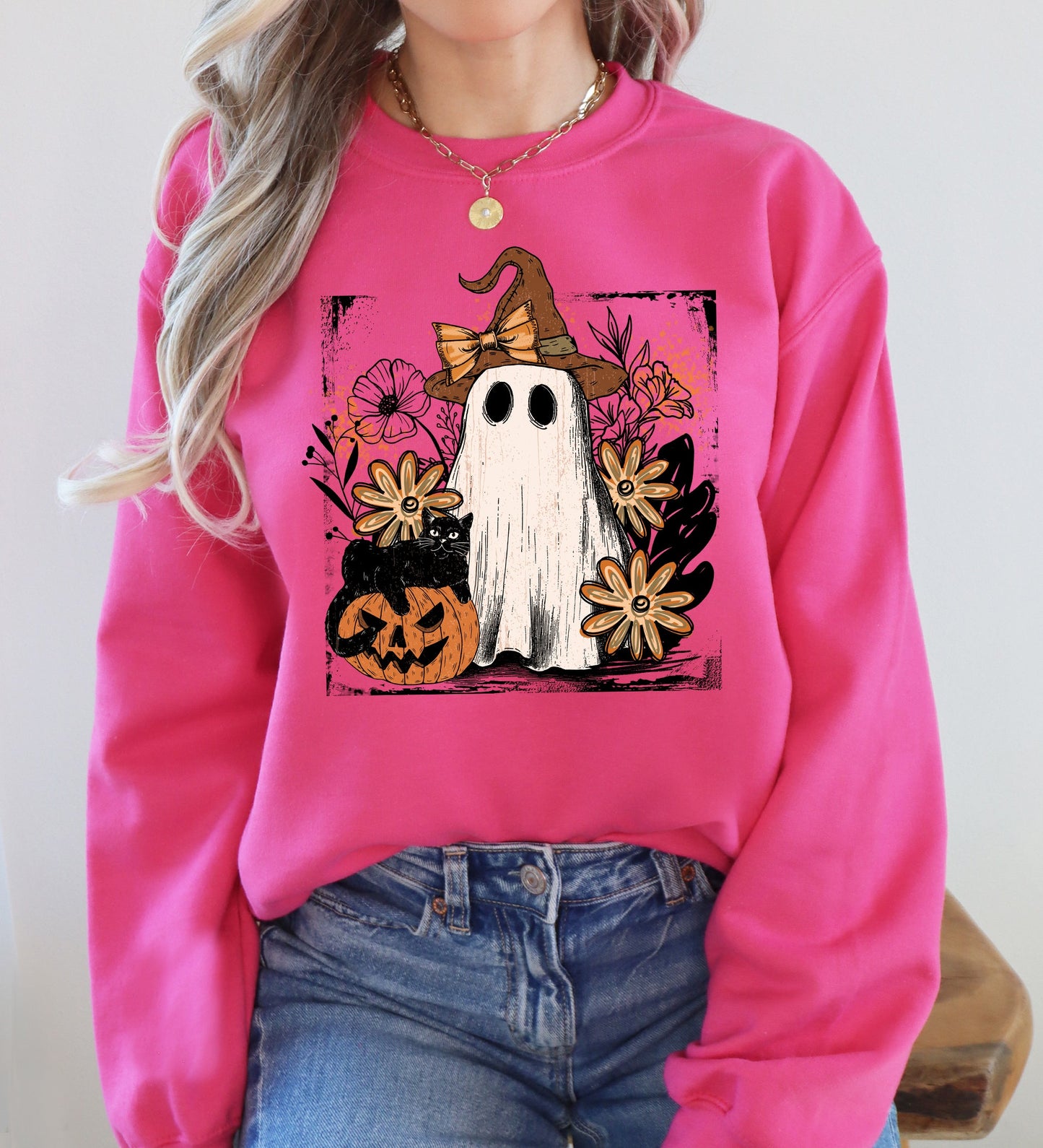 Pink Vintage Ghost, Witch, Bow, Coquette, Pumpkin, Halloween, Floral, Retro, Spooky, Costume, Fall, Graphic Sweatshirt