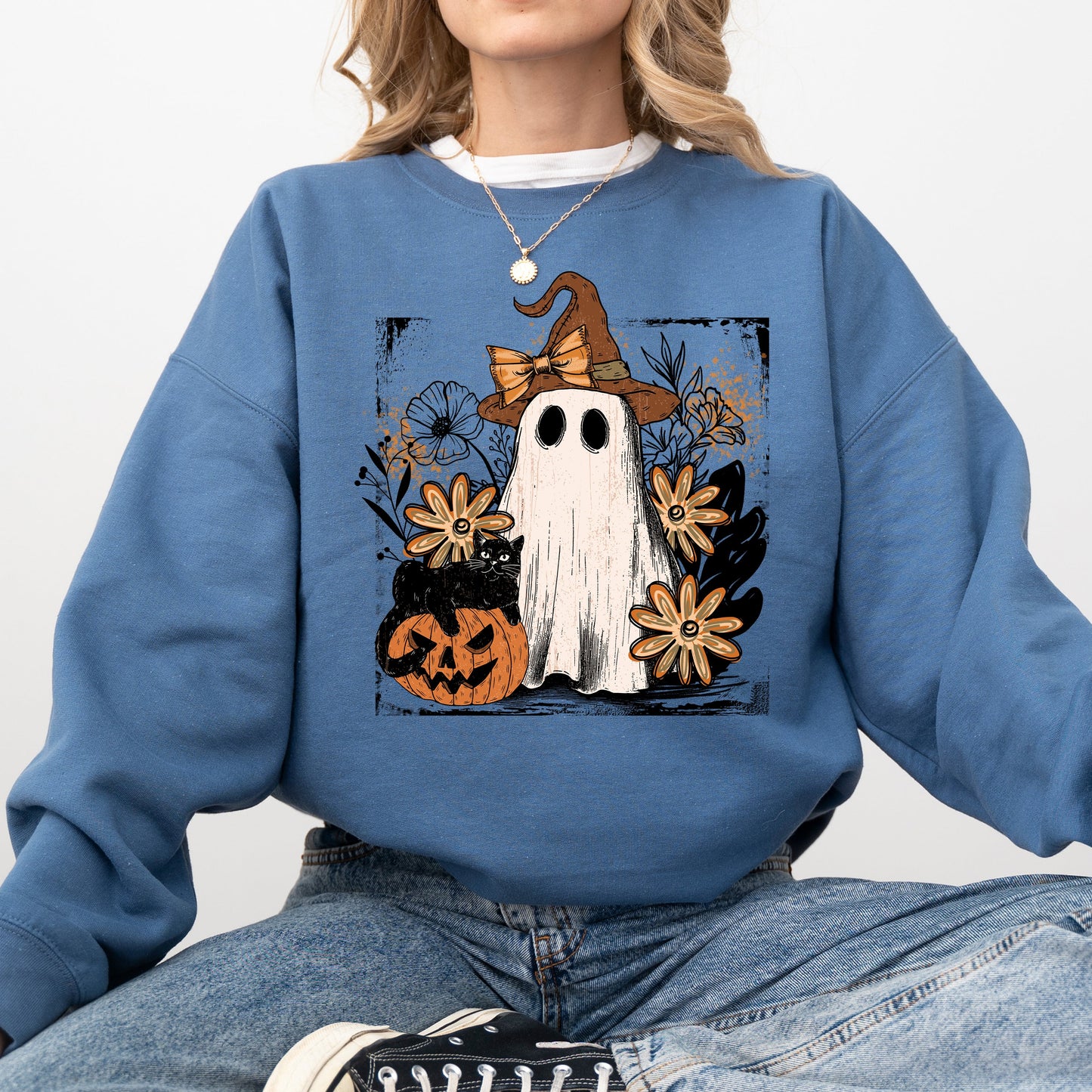 Indigo blue Vintage Ghost, Witch, Bow, Coquette, Pumpkin, Halloween, Floral, Retro, Spooky, Costume, Fall, Graphic Sweatshirt