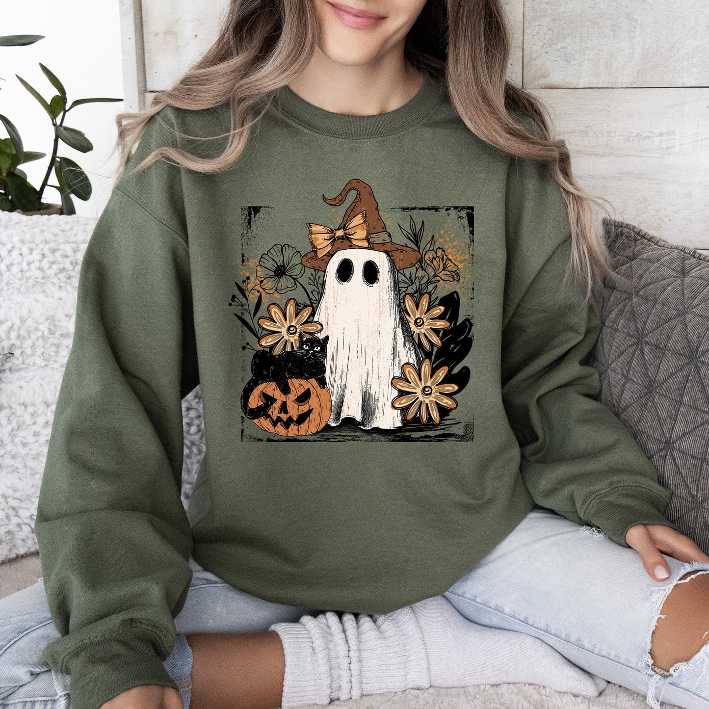 Military green Vintage Ghost, Witch, Bow, Coquette, Pumpkin, Halloween, Floral, Retro, Spooky, Costume, Fall, Graphic Sweatshirt