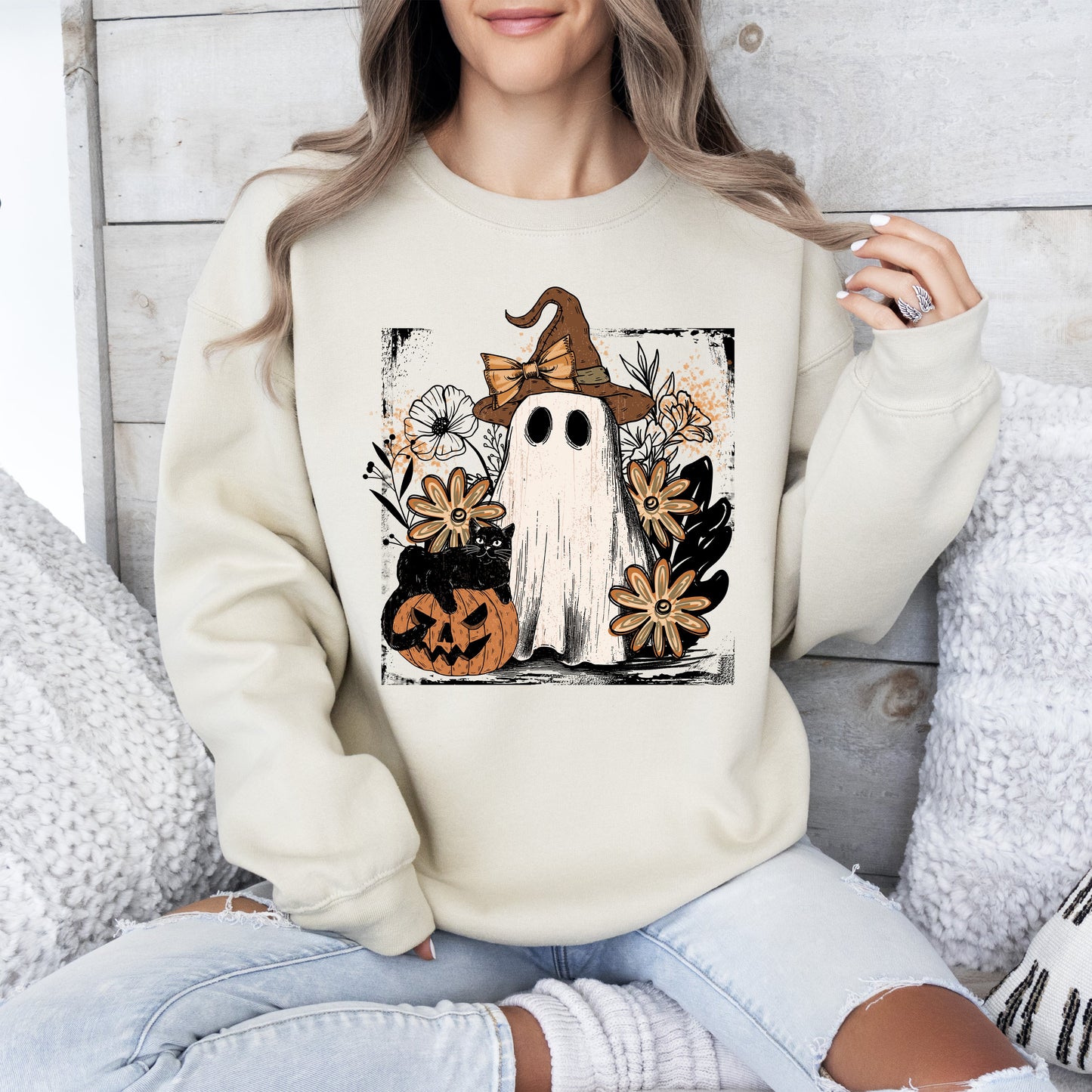 Sand Vintage Ghost, Witch, Bow, Coquette, Pumpkin, Halloween, Floral, Retro, Spooky, Costume, Fall, Graphic Sweatshirt