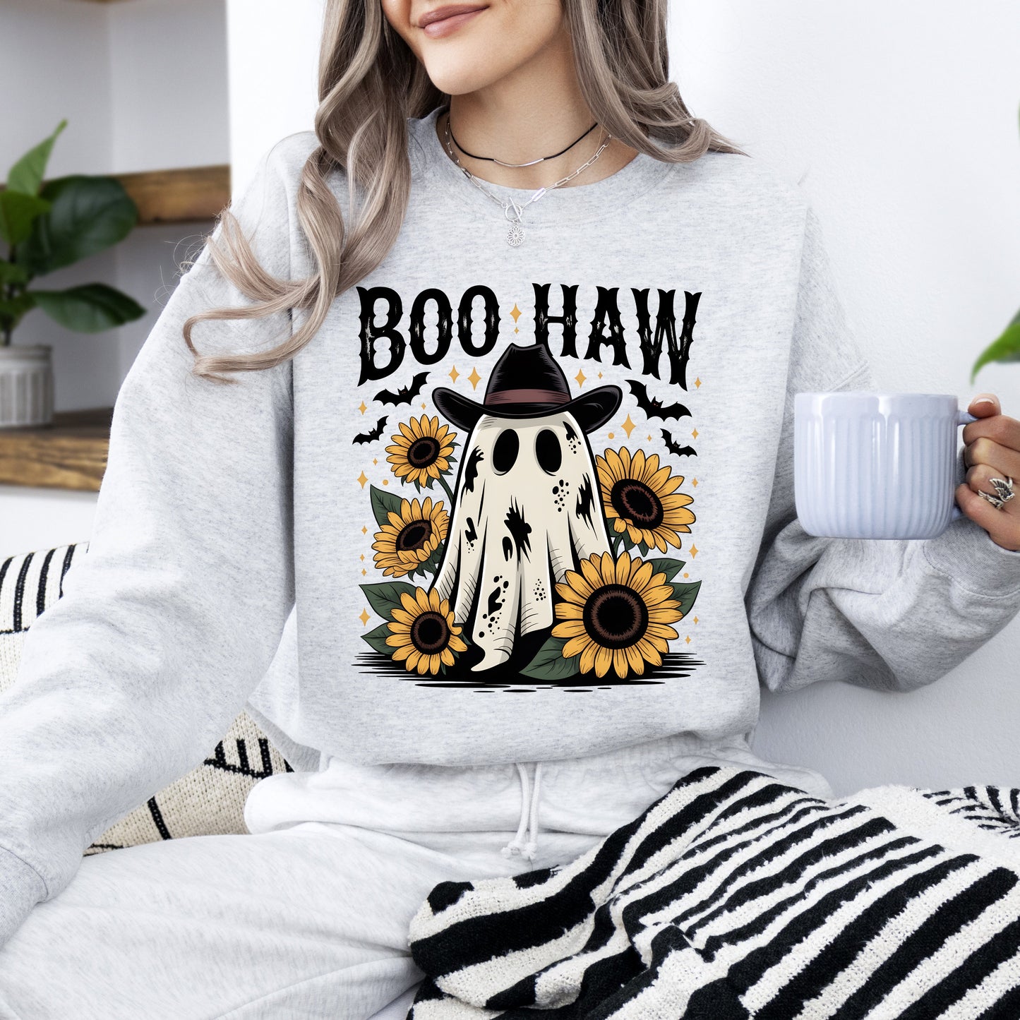 Gray Boo Haw, Cowboy Ghost, Halloween, Western, Sunflowers, Vintage, Pumpkin, Retro, Spooky, Costume, Fall, Graphic Sweatshirt