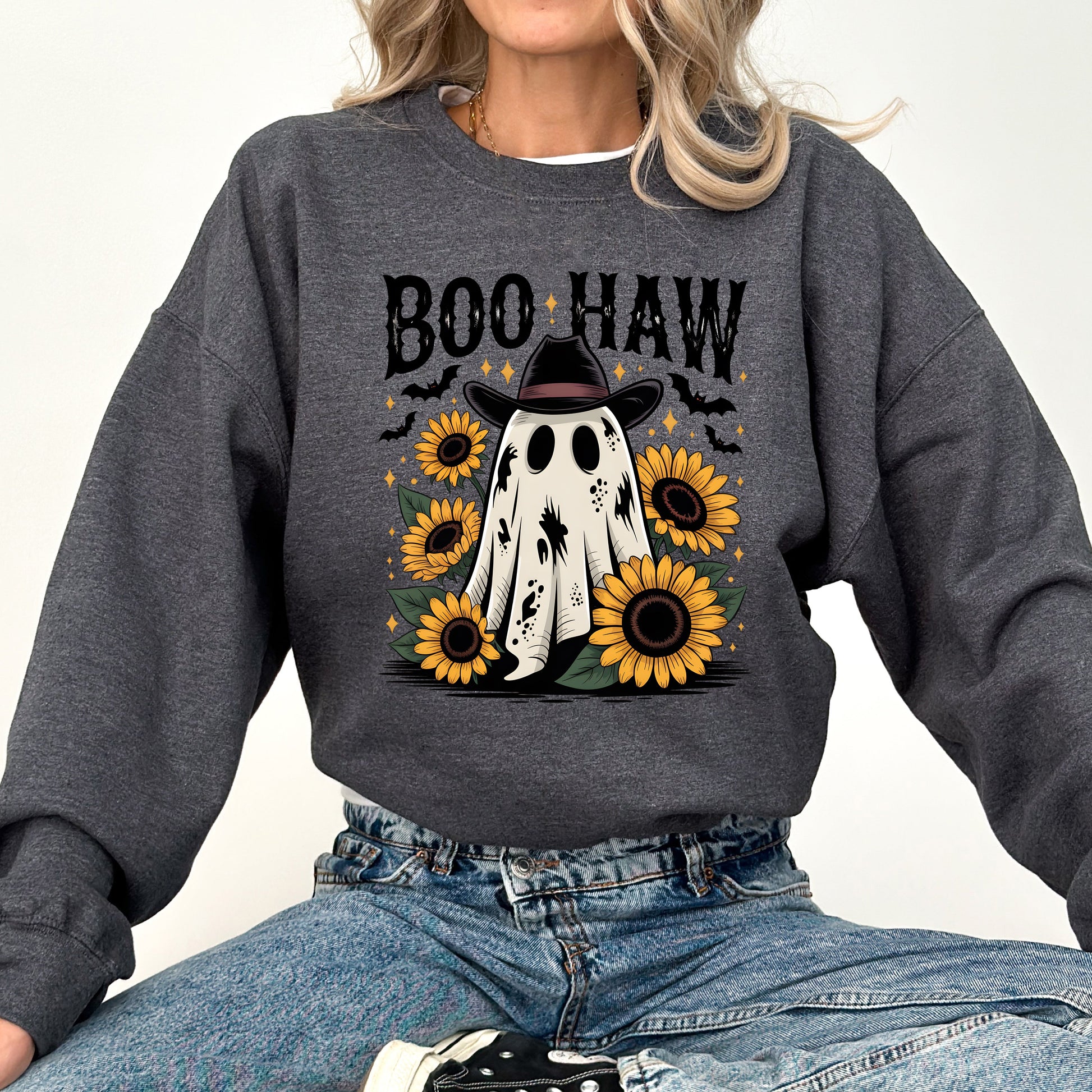 Dark Heather gray Boo Haw, Cowboy Ghost, Halloween, Western, Sunflowers, Vintage, Pumpkin, Retro, Spooky, Costume, Fall, Graphic Sweatshirt