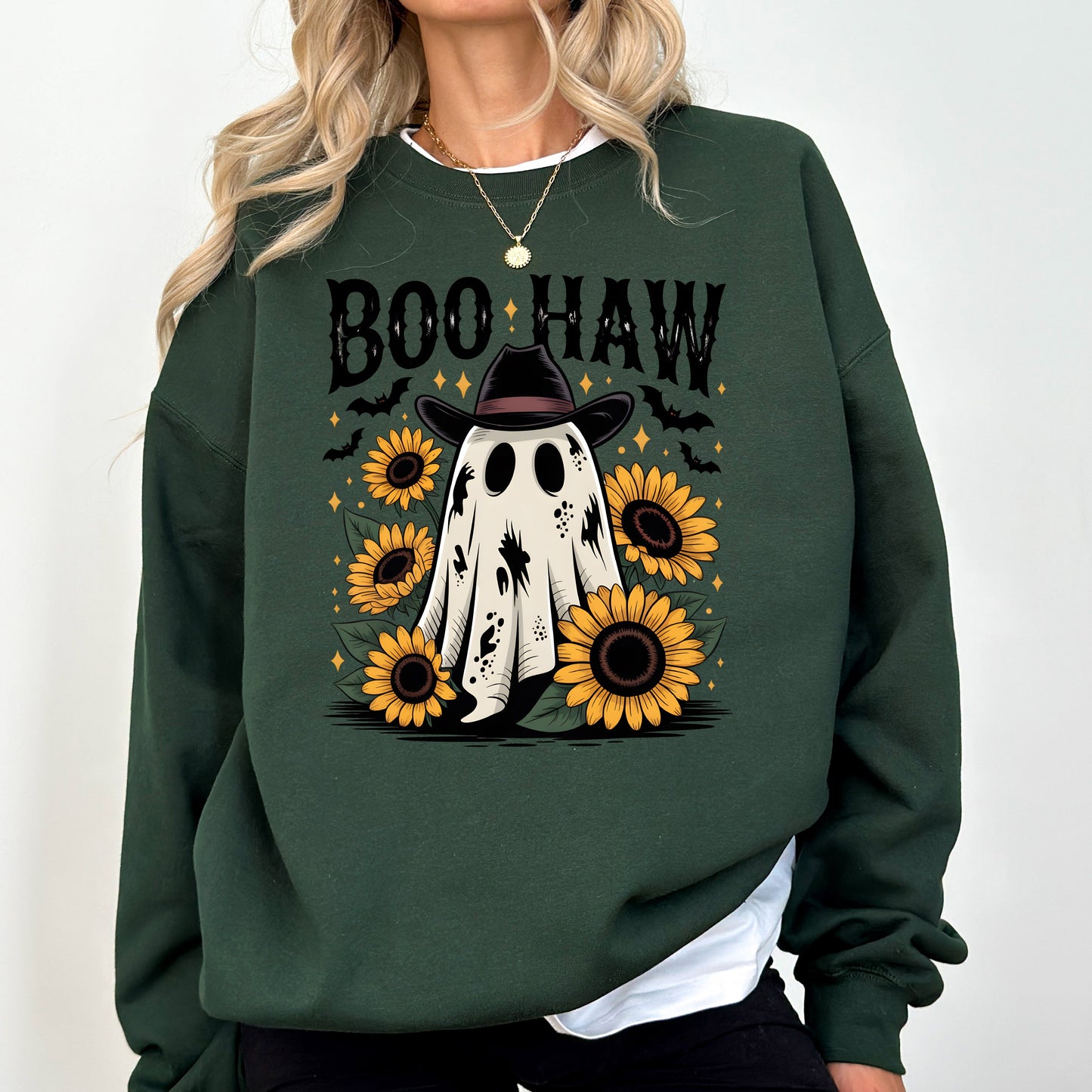 Forest dark green Boo Haw, Cowboy Ghost, Halloween, Western, Sunflowers, Vintage, Pumpkin, Retro, Spooky, Costume, Fall, Graphic Sweatshirt