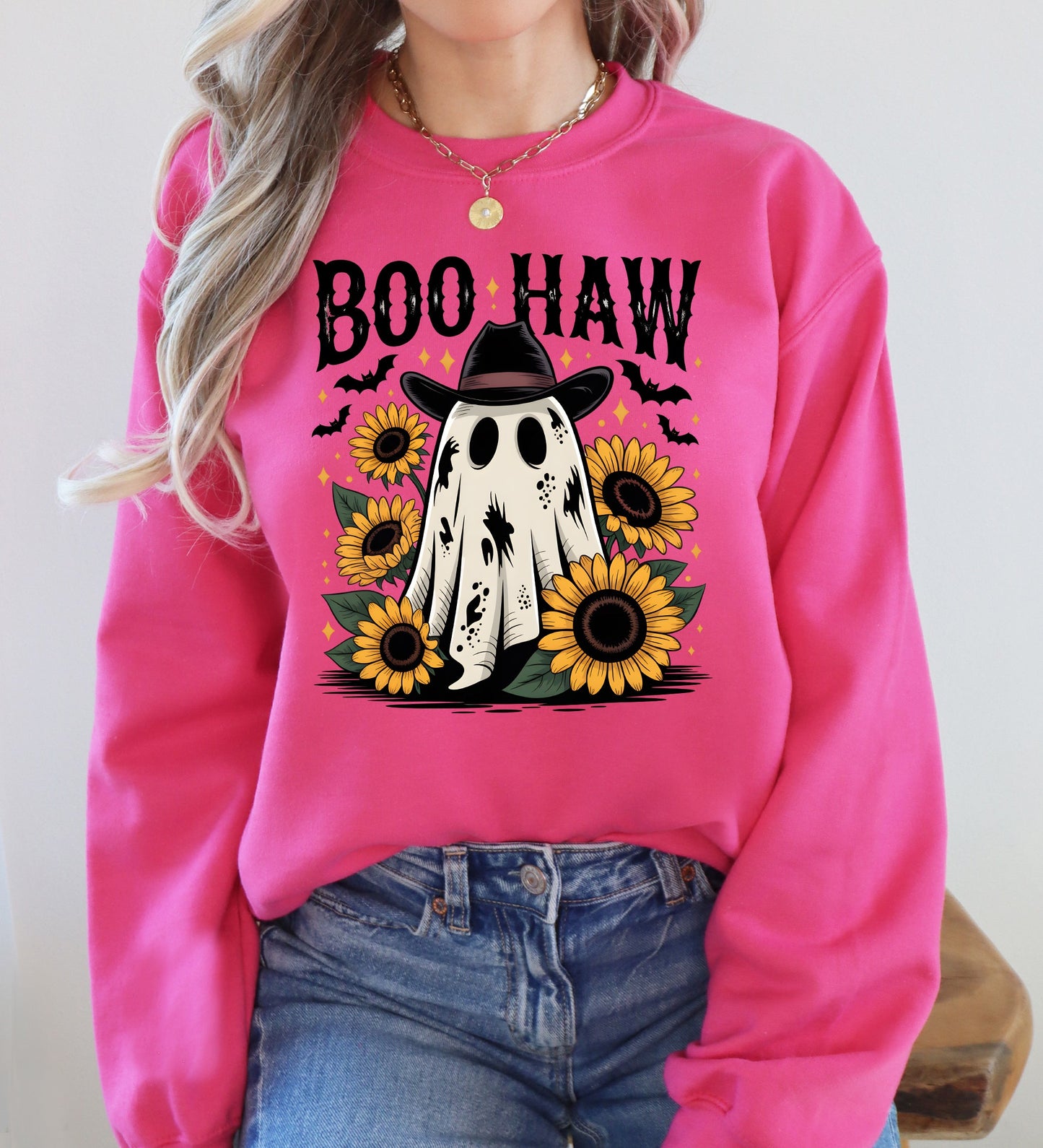 Heliconia pink Boo Haw, Cowboy Ghost, Halloween, Western, Sunflowers, Vintage, Pumpkin, Retro, Spooky, Costume, Fall, Graphic Sweatshirt