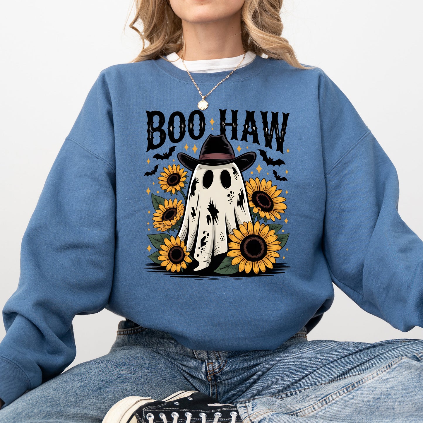 Indigo blue Boo Haw, Cowboy Ghost, Halloween, Western, Sunflowers, Vintage, Pumpkin, Retro, Spooky, Costume, Fall, Graphic Sweatshirt