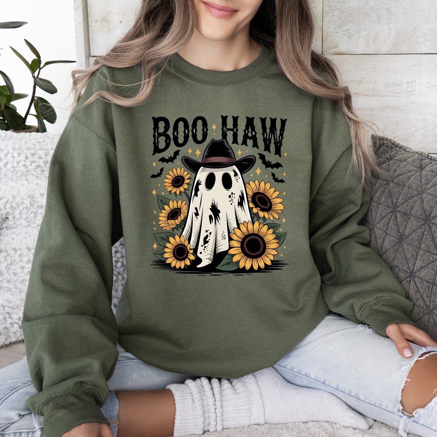 Military green Boo Haw, Cowboy Ghost, Halloween, Western, Sunflowers, Vintage, Pumpkin, Retro, Spooky, Costume, Fall, Graphic Sweatshirt