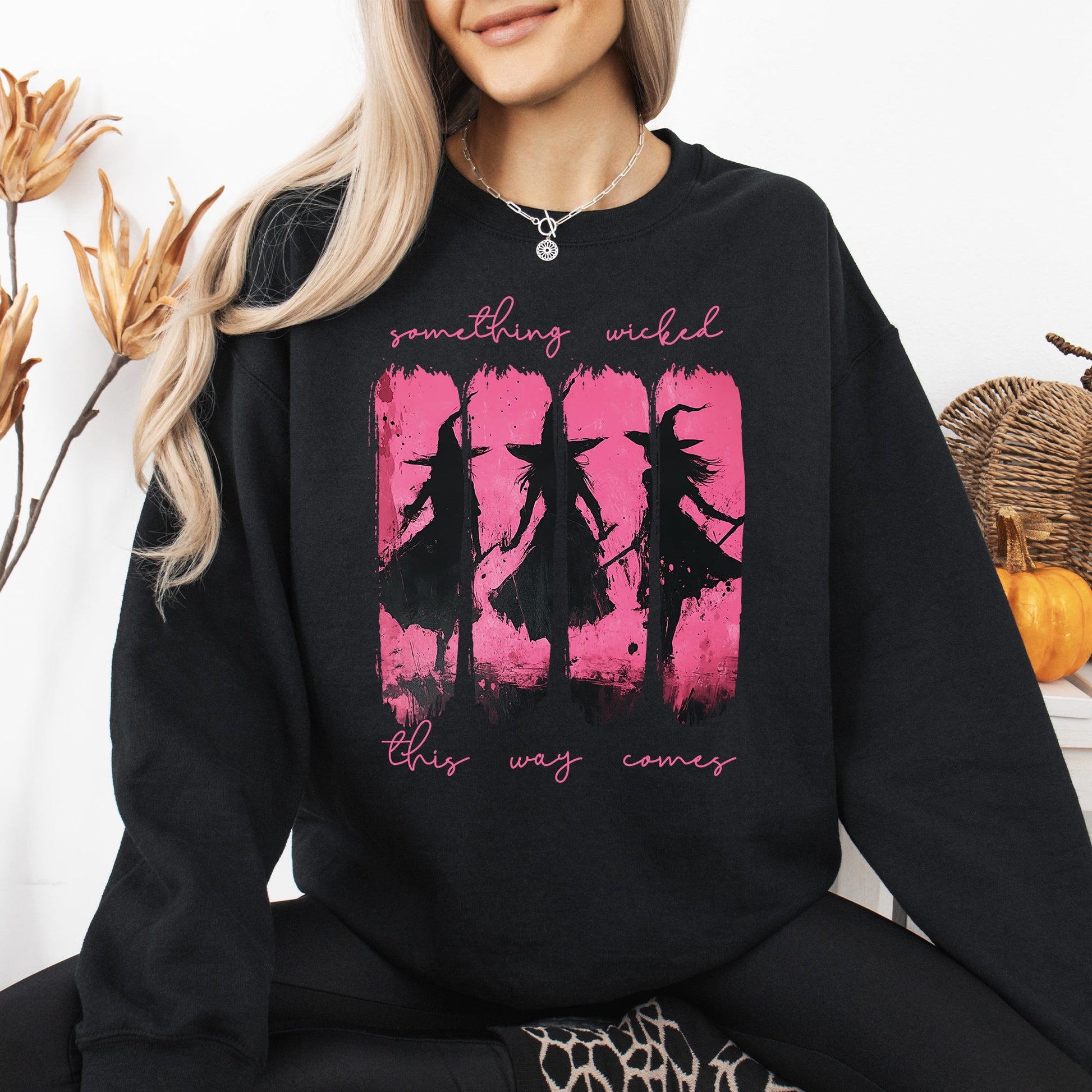 Black Something Wicked, Witch, Skeleton, Ghost, Halloween, Western, Vintage, Pumpkin, Retro, Spooky, Costume, Fall, Graphic Sweatshirt