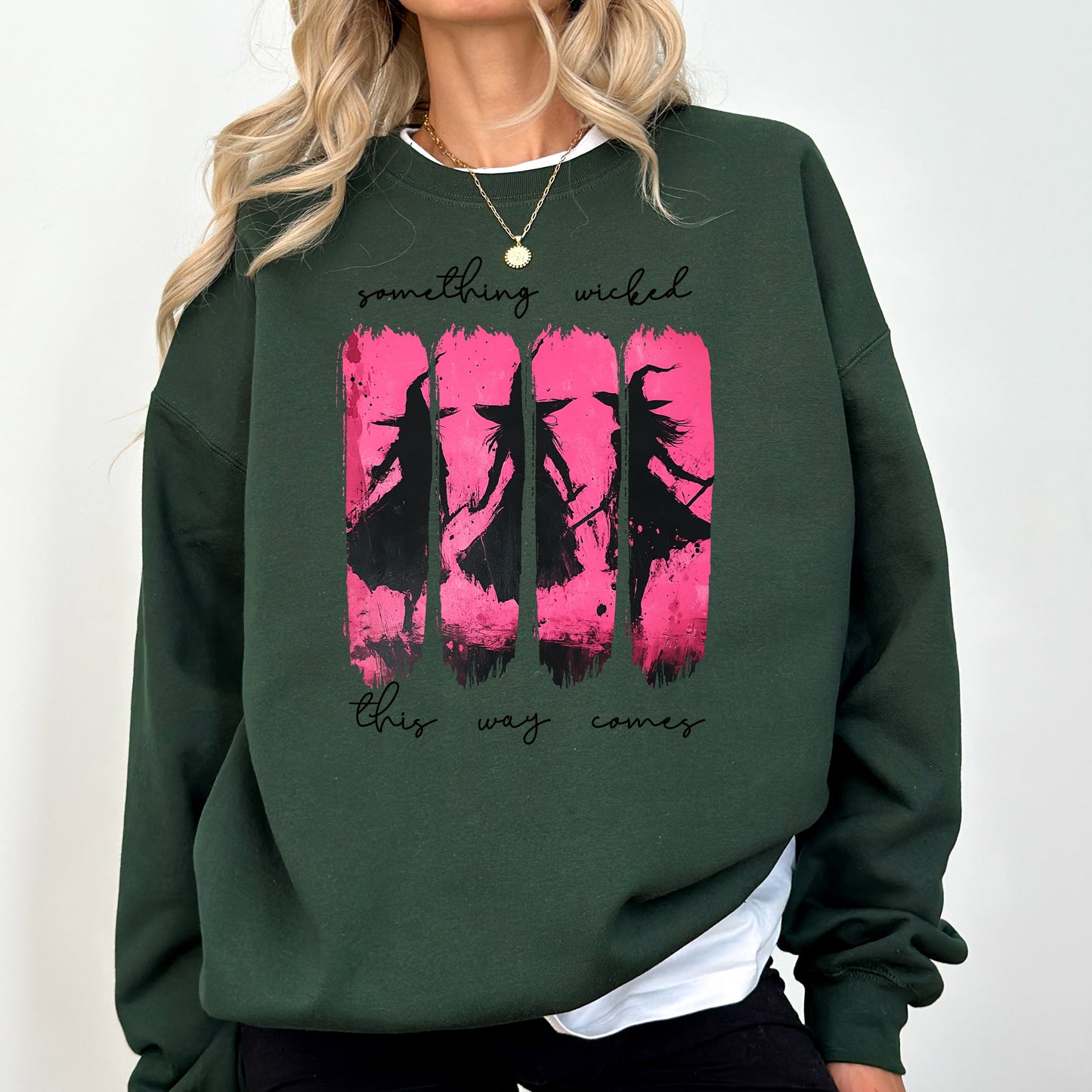 Forest dark green Something Wicked, Witch, Skeleton, Ghost, Halloween, Western, Vintage, Pumpkin, Retro, Spooky, Costume, Fall, Graphic Sweatshirt
