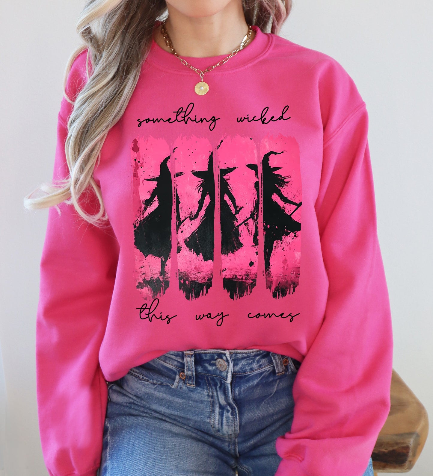 Hot Pink Something Wicked, Witch, Skeleton, Ghost, Halloween, Western, Vintage, Pumpkin, Retro, Spooky, Costume, Fall, Graphic Sweatshirt