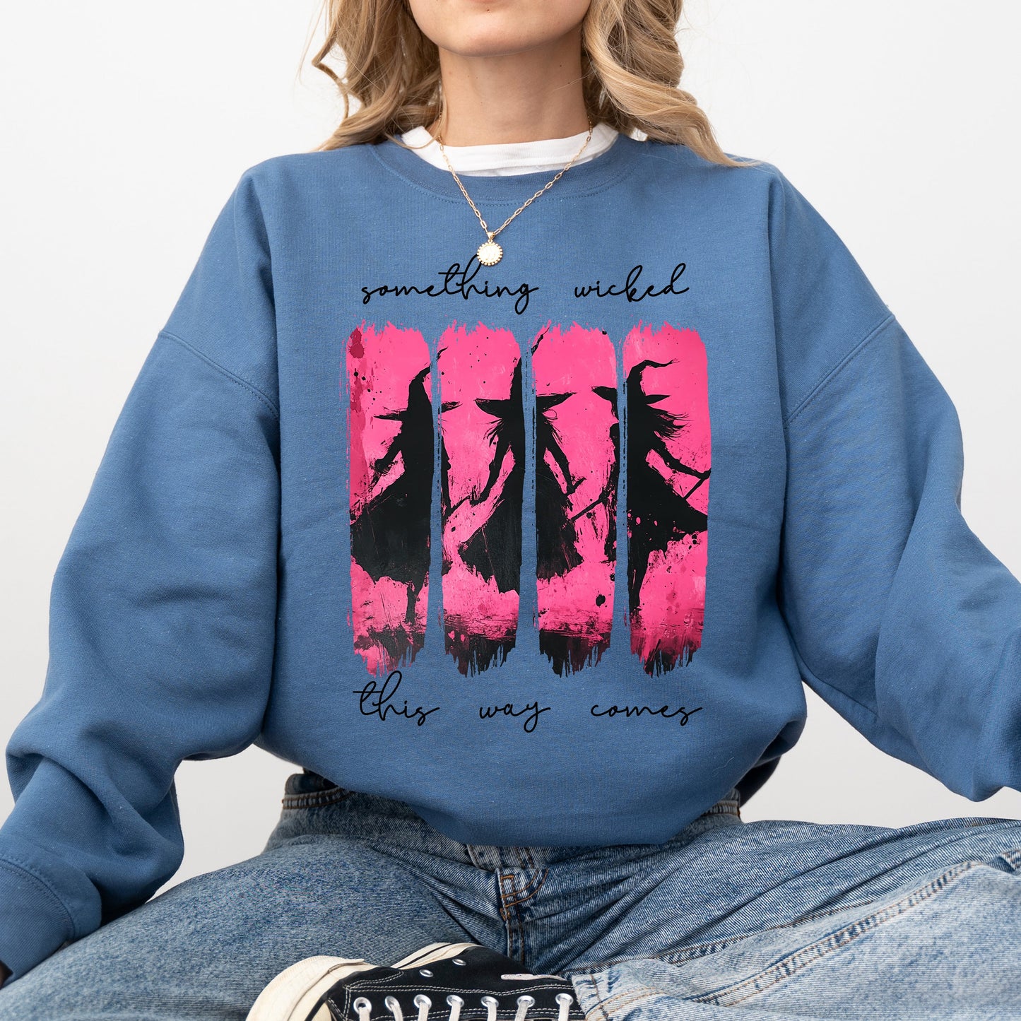 Indigo blue Something Wicked, Witch, Skeleton, Ghost, Halloween, Western, Vintage, Pumpkin, Retro, Spooky, Costume, Fall, Graphic Sweatshirt