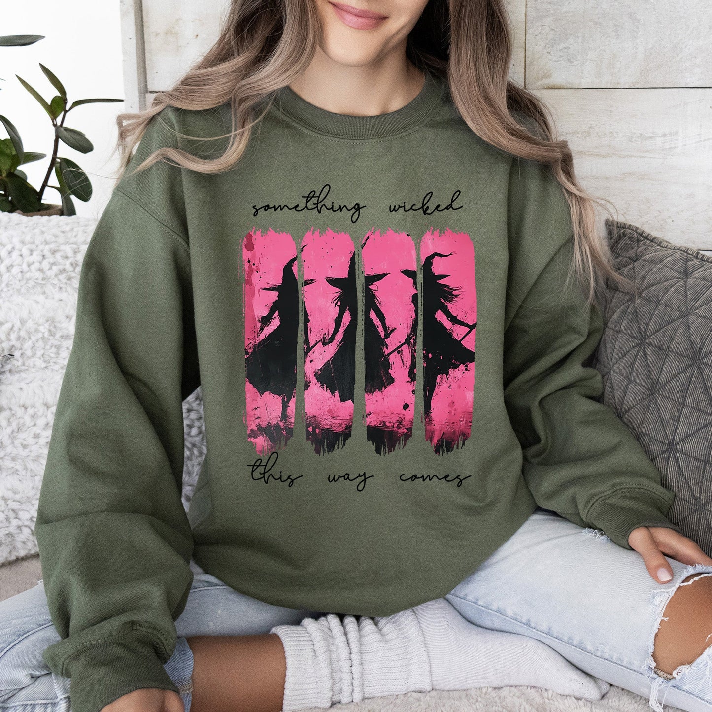 Military green Something Wicked, Witch, Skeleton, Ghost, Halloween, Western, Vintage, Pumpkin, Retro, Spooky, Costume, Fall, Graphic Sweatshirt